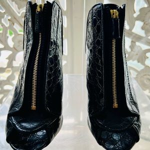 Givenchy black peep toe booties embossed leather gold zipper detail